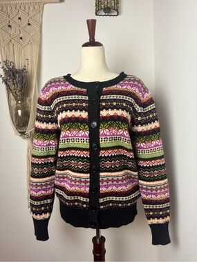Fair Isle Button-Front Cardigan Sweater - Black Trim